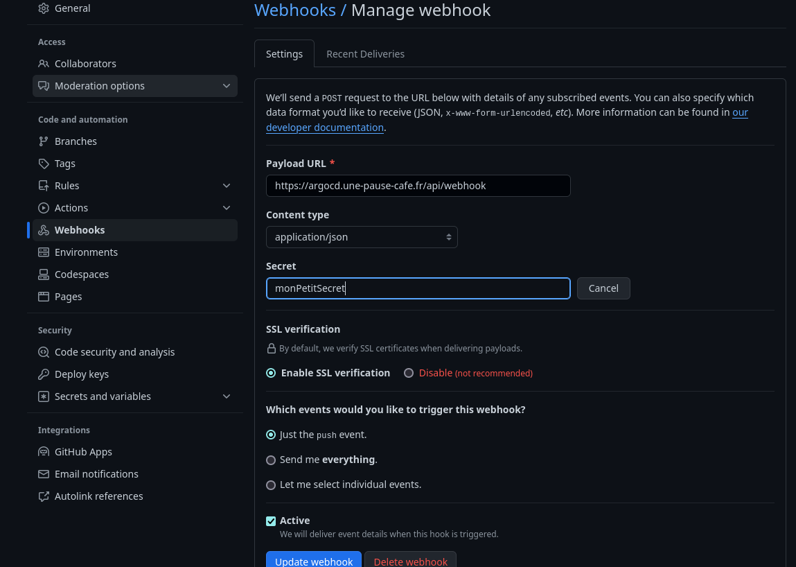 Configure webhook on github